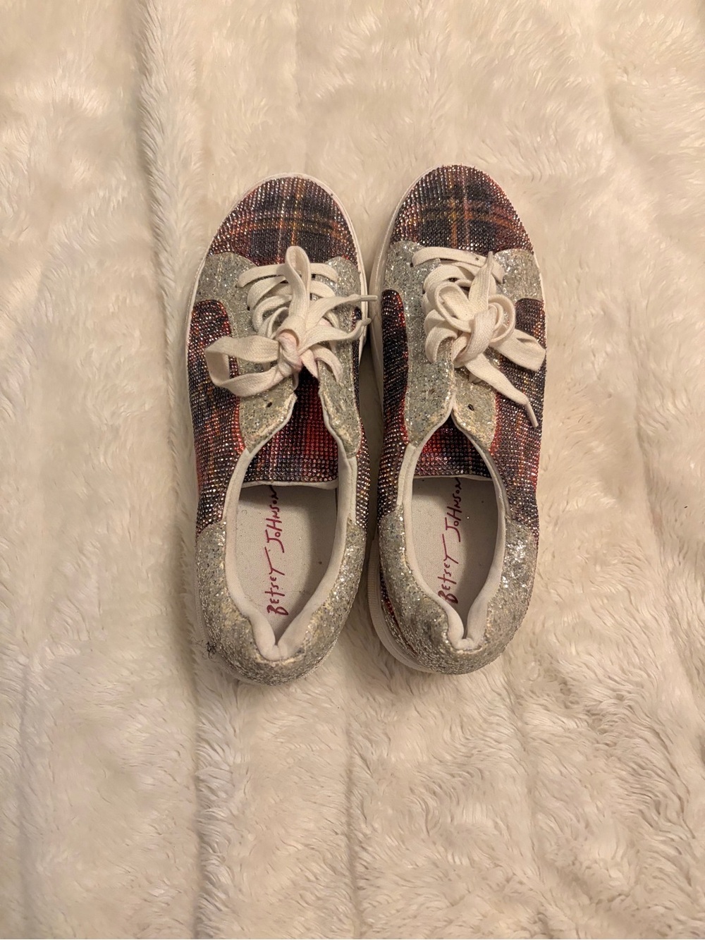 Betsey Johnson Multicolor Plaid Glitter Sneakers with White Laces